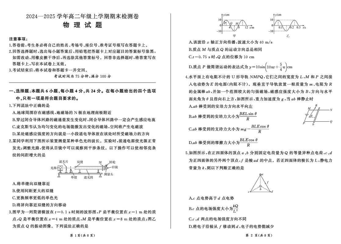 湖南省2024-2025学年高二上学期1月期末物理试题及答案